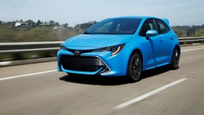 The Toyota Corolla Hatchback in bright blue, one of the sportiest looking non-sports cars