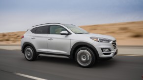 A white 2019 Hyundai Tucson on the track.