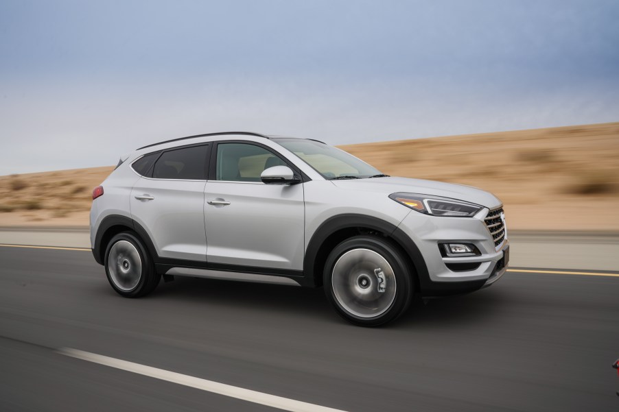 A white 2019 Hyundai Tucson on the track.