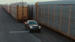 Ford F-150 EV hauling a train