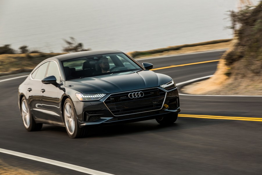 The Audi A7 at speed on a winding mountain road