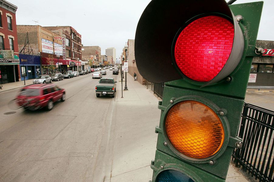 A traffic light, or stoplight, directs traffic at an intersection.