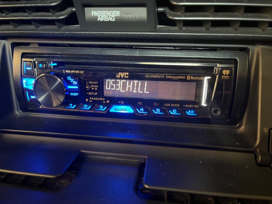 An aftermarket radio installed in a car.