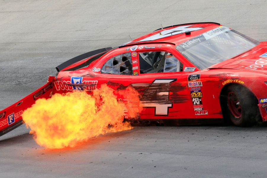 race car on fire