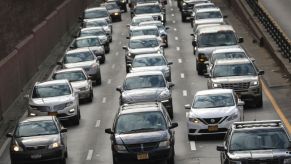 Heavy traffic moves along the Brooklyn-Queens Expressway