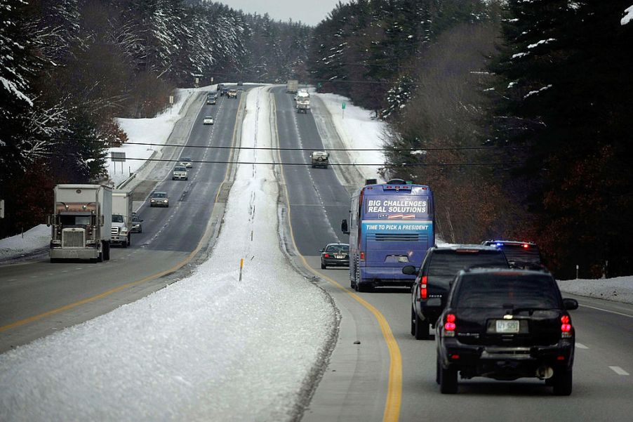 A highway in New Hampshire. The cheapest state to own a car.