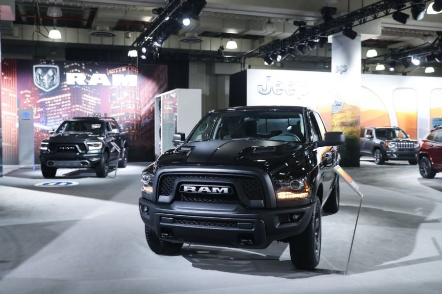 A 2020 Ram 1500 truck on display at an auto show.