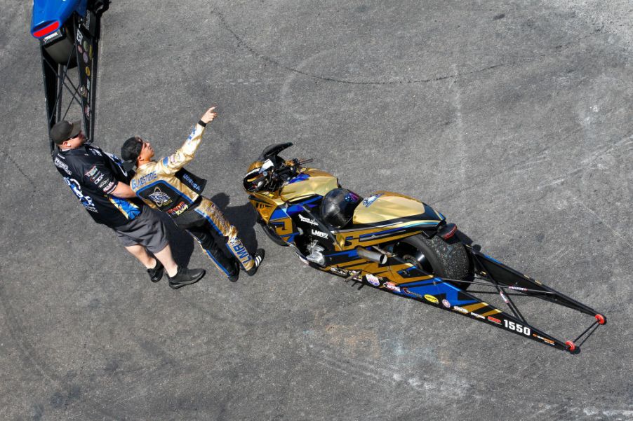 A Buell EBR NHRA Pro Stock Motorcycle before a race run