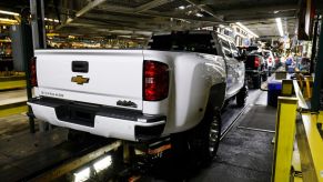 A white Chevy Silverado at the assembly plant