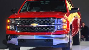 A red Chevy Silverado on display.