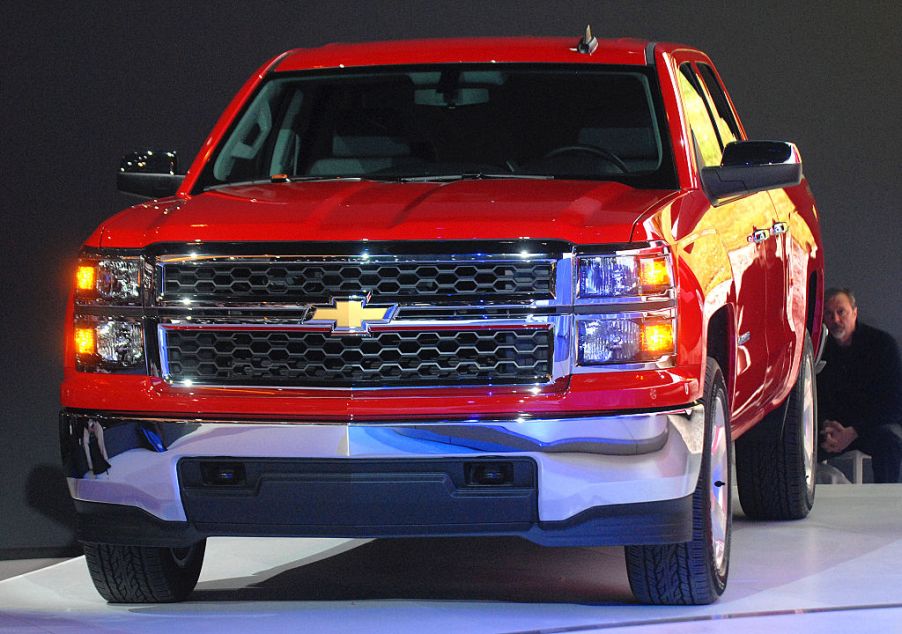 A red Chevy Silverado on display.