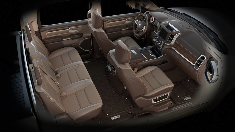 2020 Ram 1500 Laramie Longhorn interior shows massive leather seats