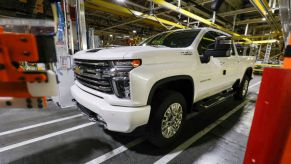 A Chevy SIlverado being assembled at a GM plant.