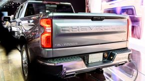 A Chevy Silverado on display at an auto show.