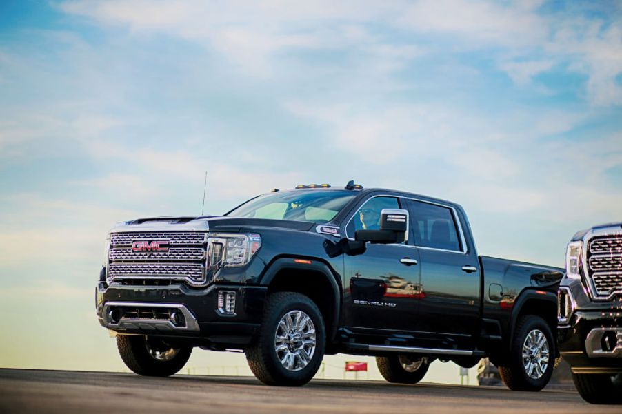 A GMC Sierra at a reveal event to showcase the new truck.