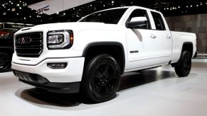 A white GMC Sierra on display