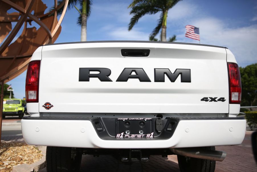 A white Ram diesel truck's tailgate.