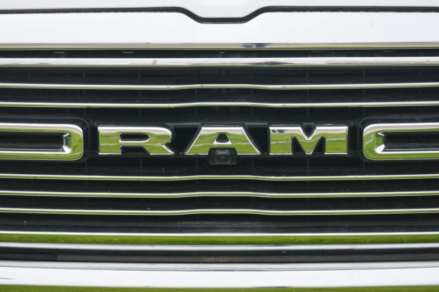 A close up photo of a Ram truck grille