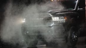 A heavy duty Ram 3500 diesel appears to release visible emissions