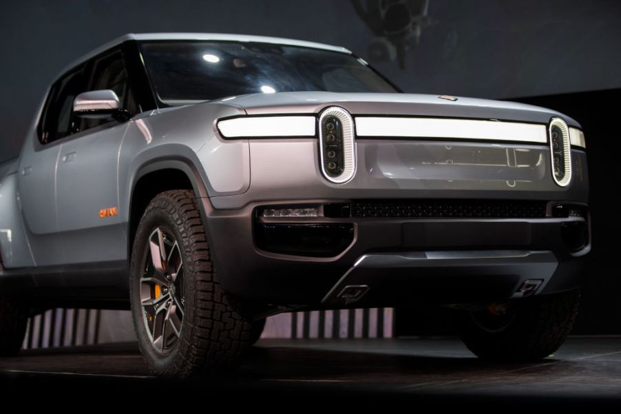 The Rivian Automotive Inc. R1T electric pickup truck on display