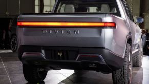 A Rivian R1T on display during an auto show.