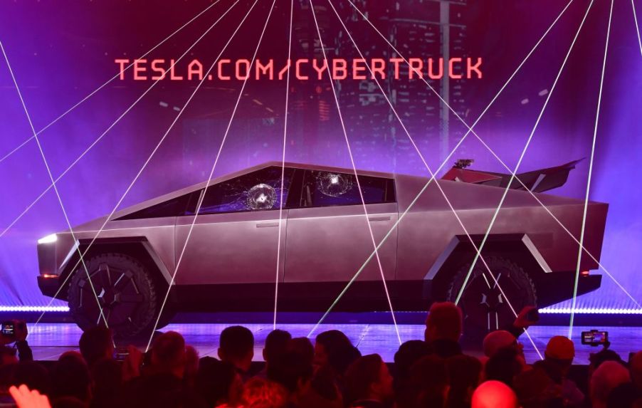 The Tesla Cybertruck reveal shows the truck on stage.