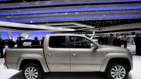 A Volkswagen Amarok on display at an auto show.