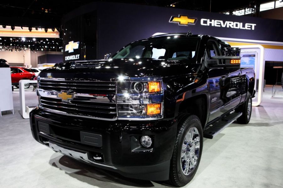 A 2017 Chevy Silverado 1500 on display at an auto show.