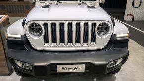 The 2020 Jeep Wrangler on display at an auto show.