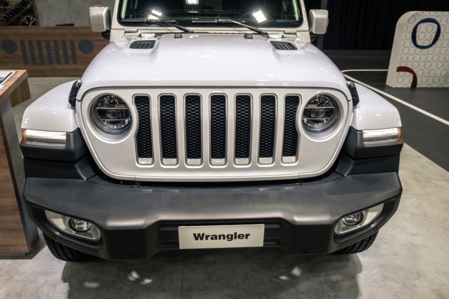 The 2020 Jeep Wrangler on display at an auto show.