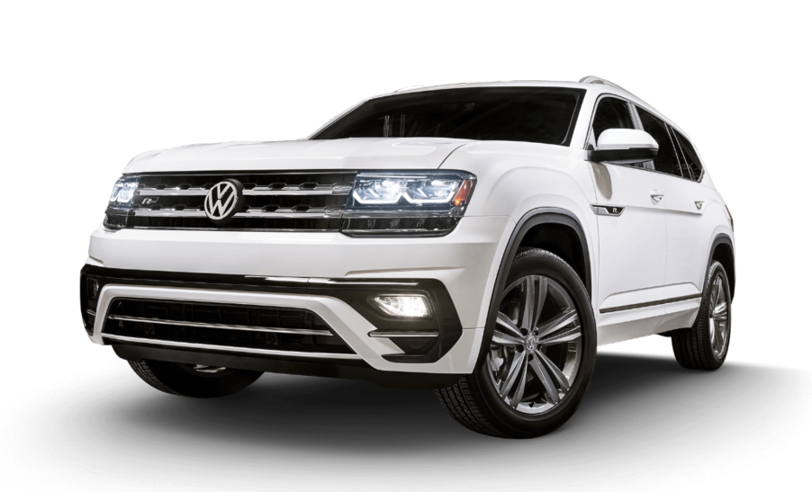 The front end of a white 2020 VW Atlas SUV