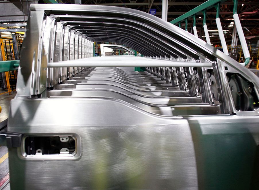 Ford F-150 aluminum truck bodies waiting to be assembled