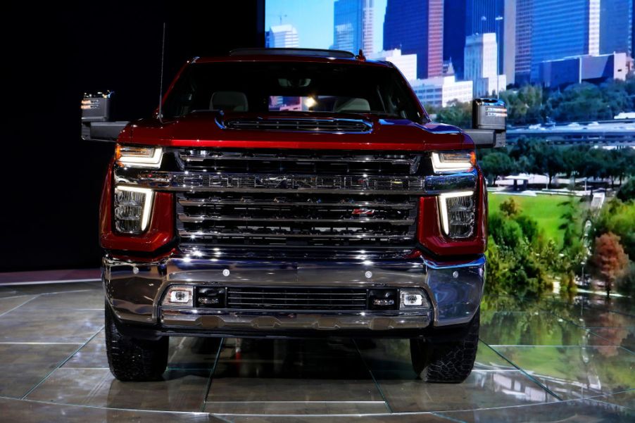 The 2020 Chevy Silverado HD on display at an auto show.