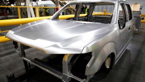 An aluminum Ford truck body on the factory line.