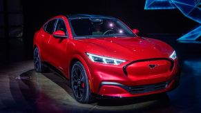 The Ford Mustang Mach-E on display during its reveal event.