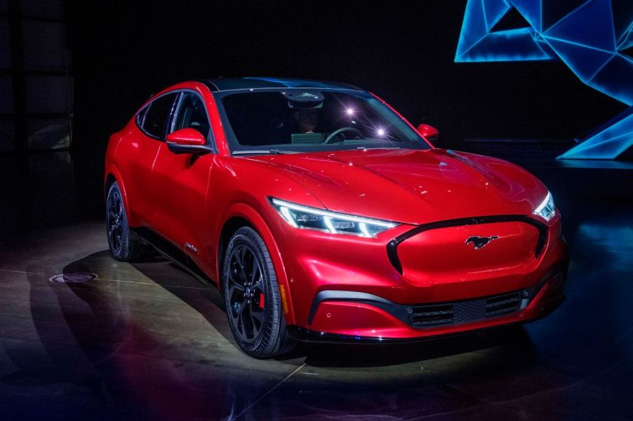 The Ford Mustang Mach-E on display during its reveal event.