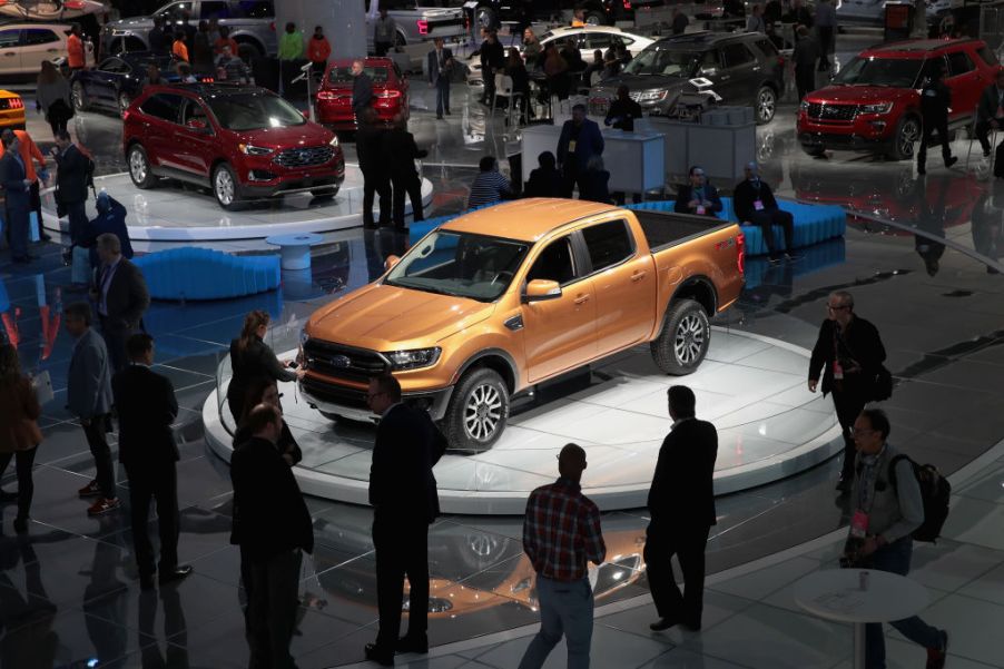 A Ford Ranger pickup truck on display