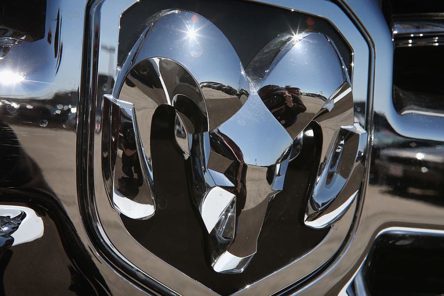 A Ram logo on the front of a truck.