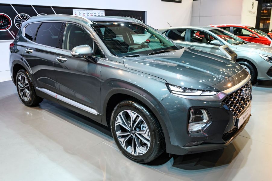 The 2020 Hyundai Sante Fe on display at an auto show