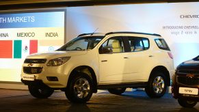 A white Chevy Trailblazer on display at an auto show