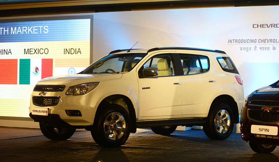 A white Chevy Trailblazer on display at an auto show