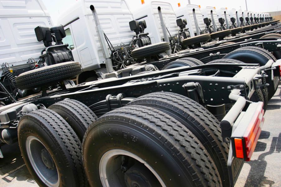 The base of a dually truck being assembled