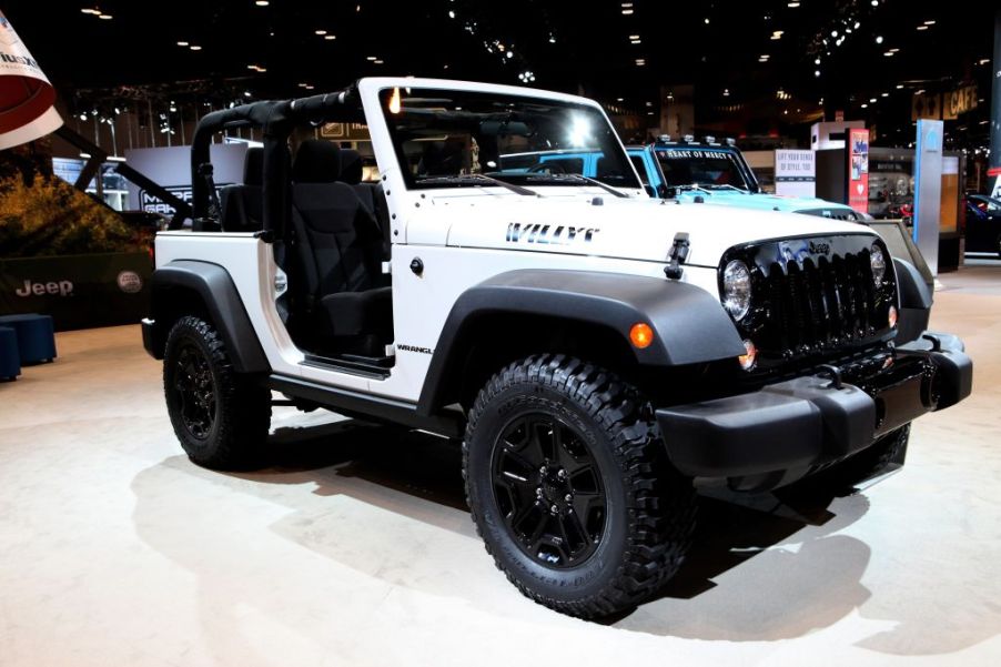 A special edition Jeep Wrangler Willys on display at an auto show