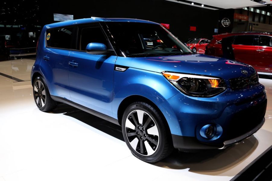 A Kia Soul on display at an auto show