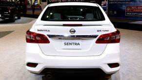 A Nissan Sentra on display at an auto show