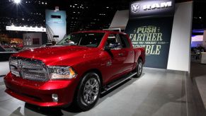 A red Ram 1500 on display at an auto show