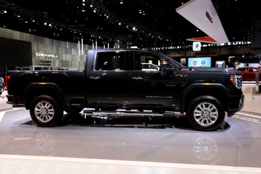 A 2020 GMC Sierra HD on display at an auto show