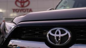 The front grille of a Toyota 4Runner on display.