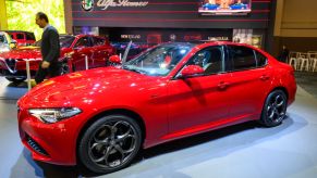 An Alfa Romeo GIulia on display at an auto show