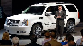 A Cadillac Escalade on display during an auto show